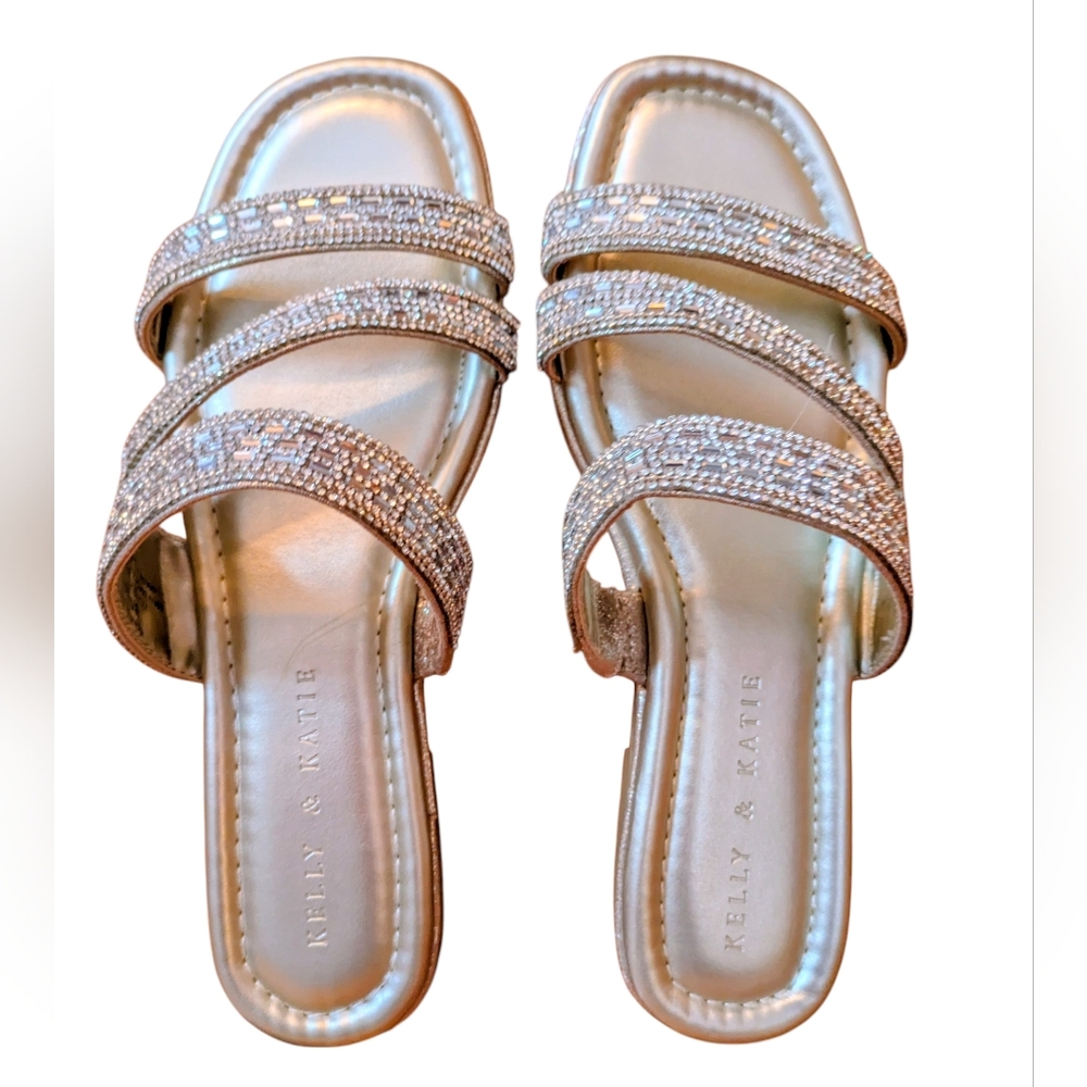 NEW Kelly & Katie Glitter Triple-Strap Gold Slide Sandals, NWOT